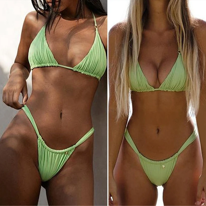 

Ladies Swimsuit Bandage Solid Color Fabric Bust Padded Bikini Set Green