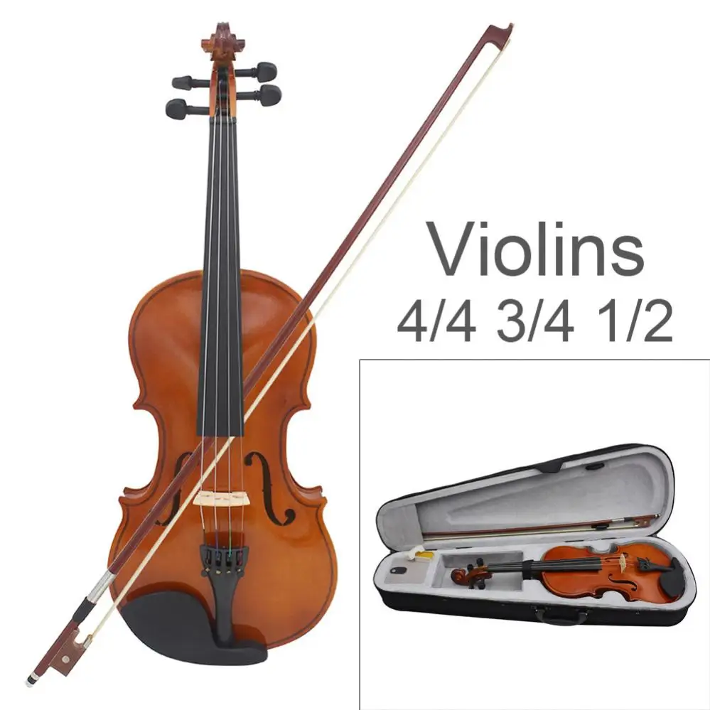 4/4 3/4 1/2 size Natural Color Acoustic Violin Fiddle Starter Kit with Case Bow Rosin Extra Strings for Kids Beginners Students