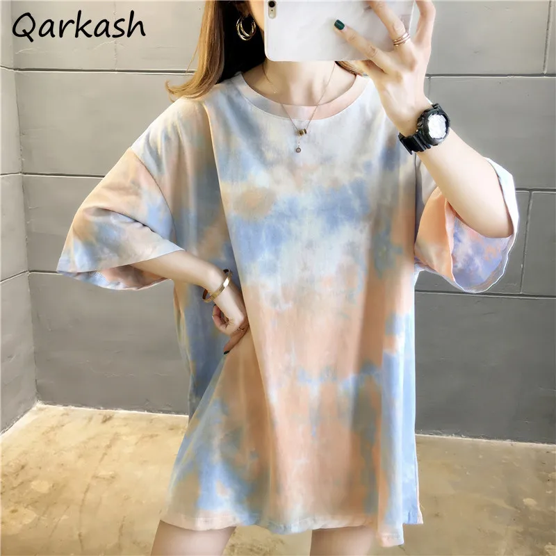 T-shirts Women Half-sleeve Loose O-neck Tie Dye Fashionable All-match Female Unisex Soft Summer Workout Cool Clothing Leisure