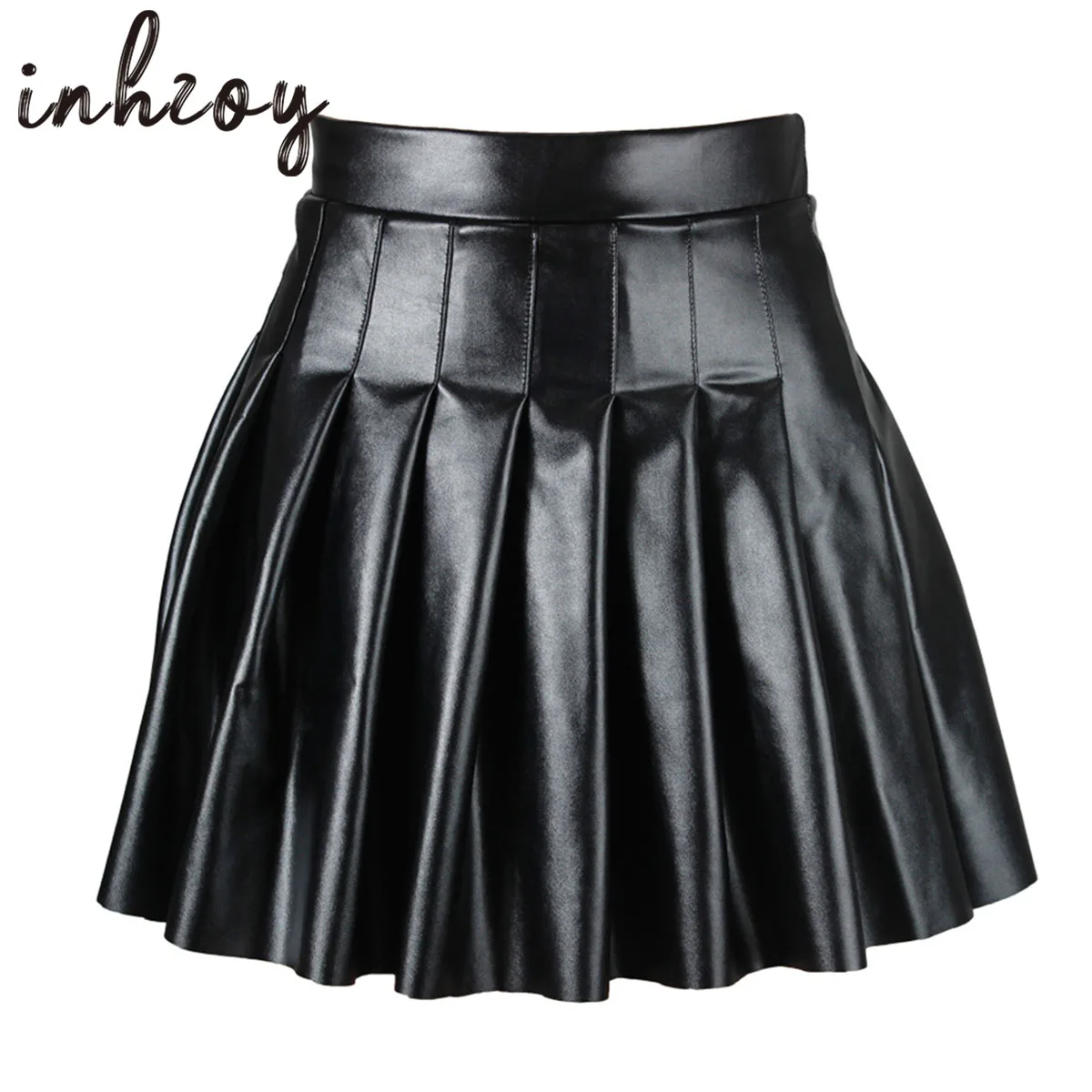 

Women High Waist A-line Pleated Skirt Wet Look PU Leather Y2k E Girls Punk Gothic Invisible Zip Flared Mini Skirts Clubwear