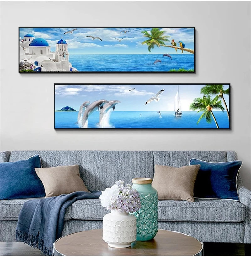 

Seaside Scenery Beach Sailing Boat Decorative Painting Modern Nordic Style Porch Canvas Wall Art Poster Large Size Banner