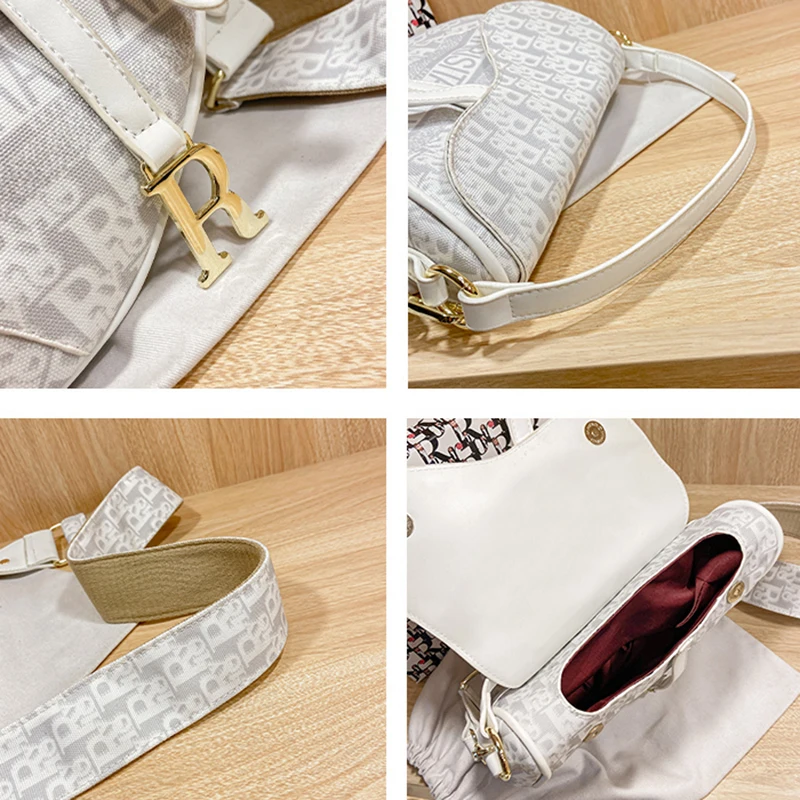 

2021 Women Canvas Letter Embroidered Wide Shoulder Strap Bag Single Shoulder Crossbody Medieval Saddle Handbag With Box