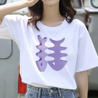 women t shirt short sleeve summer oversize casual fish bone print white tees o neck korean fashion cute girls female clothing