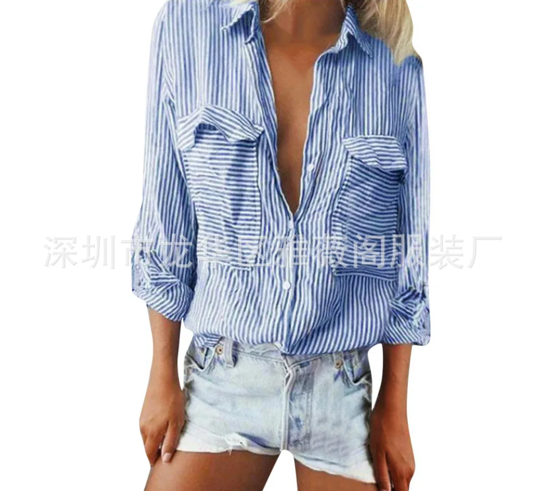 

Large size loose women striped blouse 2021 autumn office professional women's shirt lapel long-sleeved double-pocket women shirt