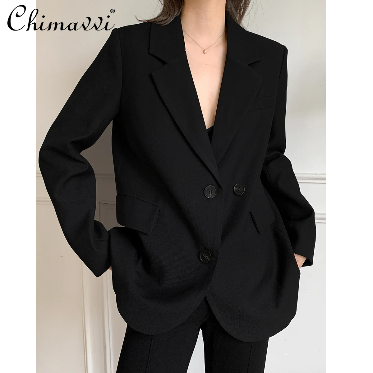 Женский однобортный пиджак, черный пиджак с отложным воротником, подходящий ко всему, верхняя одежда