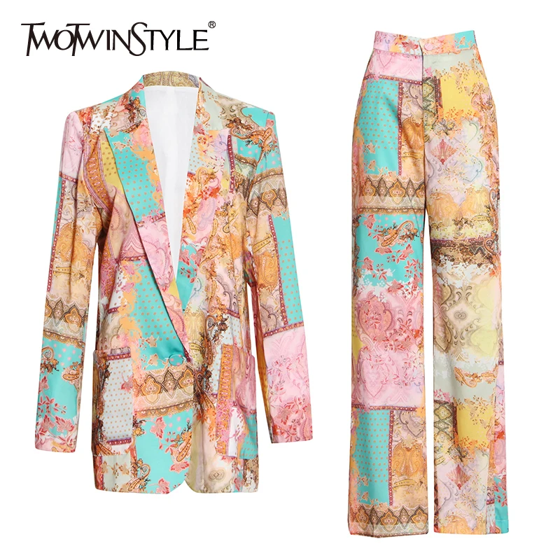 

TWOTWINSTYLE Vintage Two Piece Sets For Female Lapel Collar Long Sleeve Coat With High Waist Trousers Women's Casual Suit New