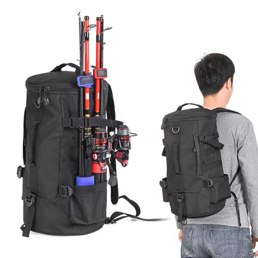 

Outdoor Fishing Bag Folding Black Cylindrical Large Capacity Tackle Backpack Storage Bags Travel Carry Bag Black Shoulders Bag