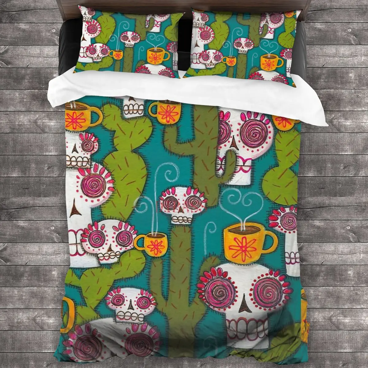 

Мягкая искусственная наволочка с 2 черепами, кактусами и атомным кофе, пододеяльник на молнии