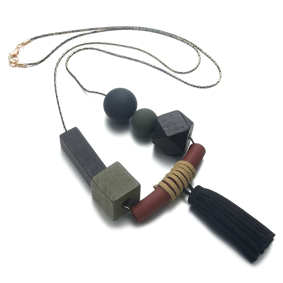 Геометрическое длинное ожерелье с деревянными бусинами для женщин длинные