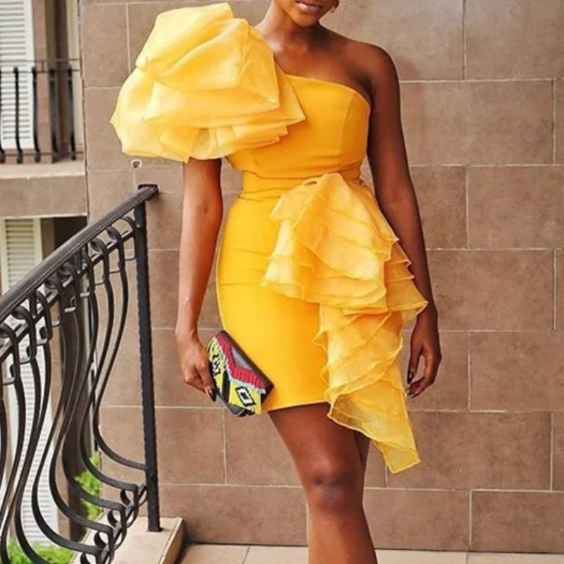 

Bodycon Dress One Shoulder Irregular Big Ruffle Patchwork Summer Autumn Sexy Party Elegant Lady Prom Fashion Dresses for Women