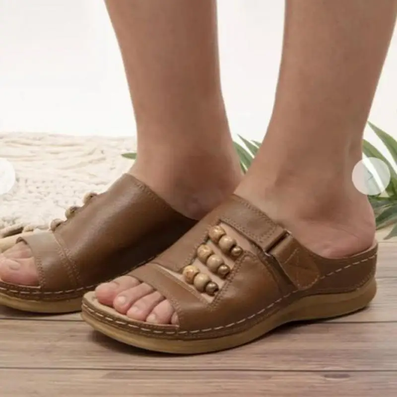 Summer Women Outdoor Open Toe Sandals Vintage Anti-slip Breathable Velcro Wedges Slipper Fashion 2021 String Bead Women Shoes