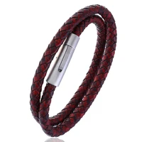 hot sale jewelry titanium steel 2 circle braided leather bracelet retro mens stainless steel imitation leather bracelet