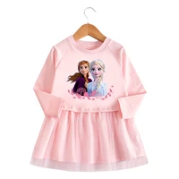 frozen anna elsa girls autumn winter dress pink gray color baby girls cotton mesh cartoon printed cute princess dress