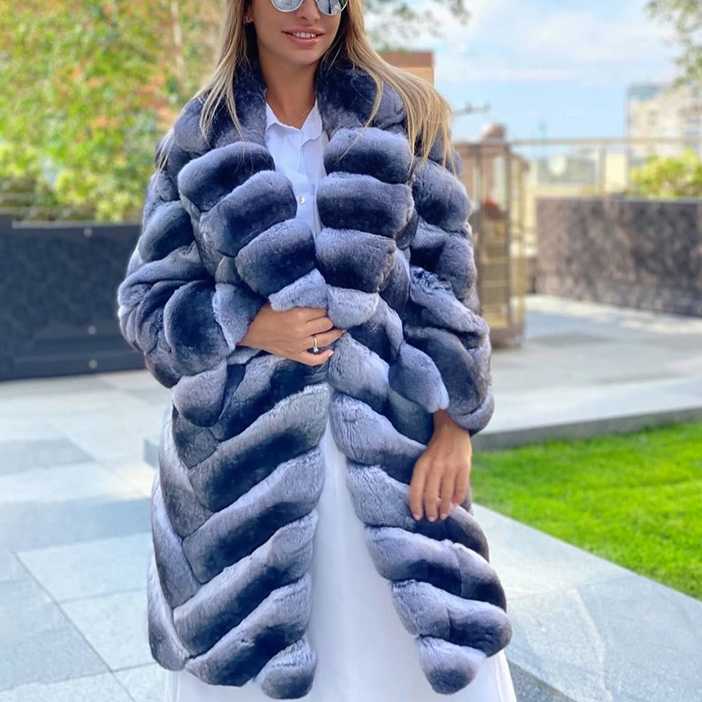 2022 Trendy Women Natural Rex Rabbit Fur Coat With Turn-down Collar Fashion Whole Skin Genuine Rex Rabbit Fur Long Coats Outwear