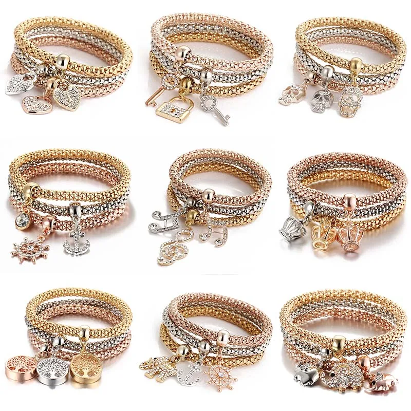 FENGLI трехцветный Набор браслетов слон птица Циркон эластичная сила попкорн цепь