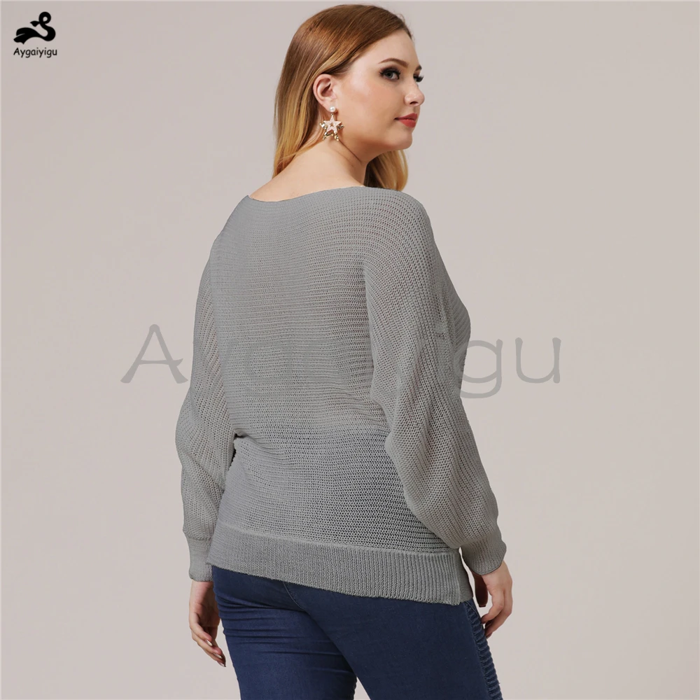 Aygaiyigu Large Big Size Sweaters Women Plus Female Basic Slash Neck Long Batwing Sleeve Simple Knitted Clothing | Женская одежда