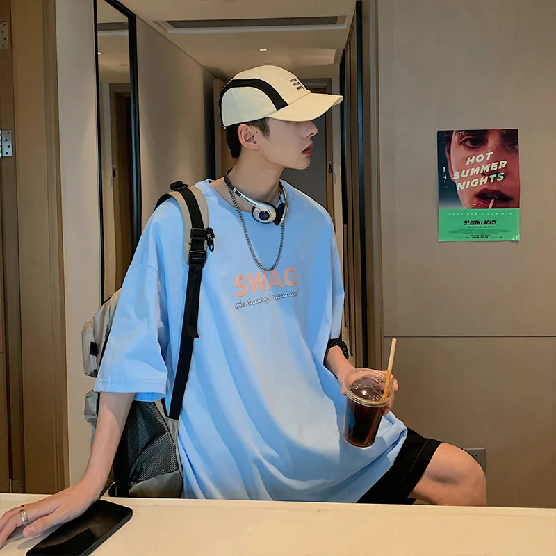 

Summer Fashion Short Sleeve Swag T T-shirt Men's Fashion Brand Hong Kong Style Loose Size Top Texture Cotton Round Neck Short Sl