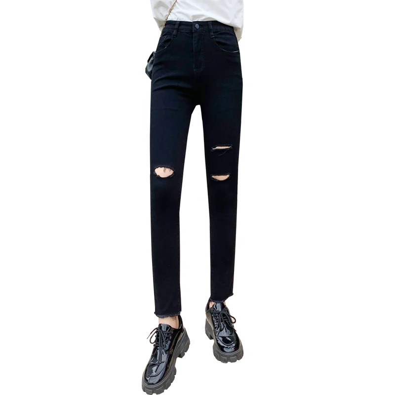 

Large size hole black jeans female han edition cultivate one's morality show thin tall waist elastic jeans black boots pants