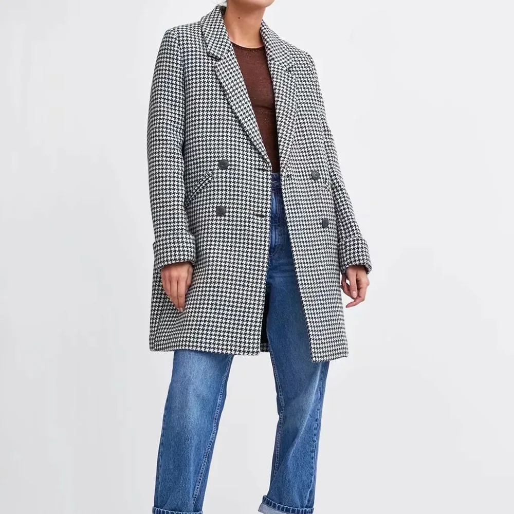 

XIKOM 2021 Winter Women Houndstooth ​Pockets Double Breasted Office Lady Coat Female Vintage Loose Casual Warm Ladies Outerwear