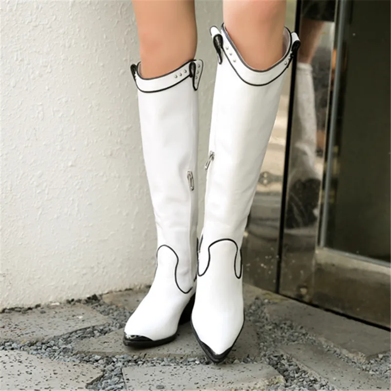 

Fashion Handmade Black Genuine Leater High Heel Shoes Autumn Winter Knee High Boots Women Pointed Toe Rivets Knight Zipper Boots