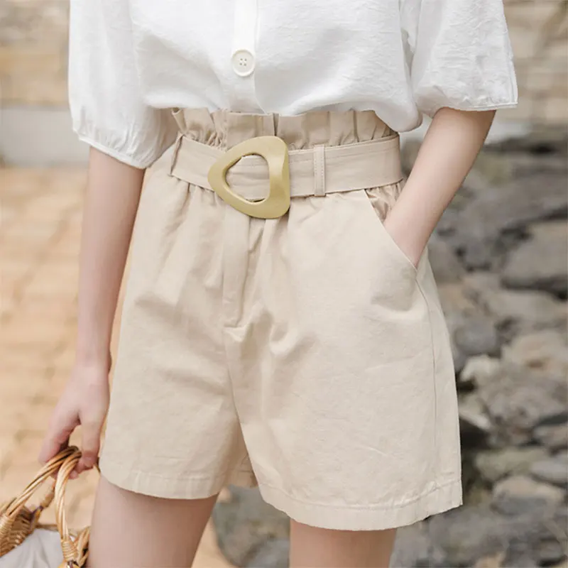 Шорты женские хлопковые с высокой талией белые свободные однотонные V10 лето 2021 |