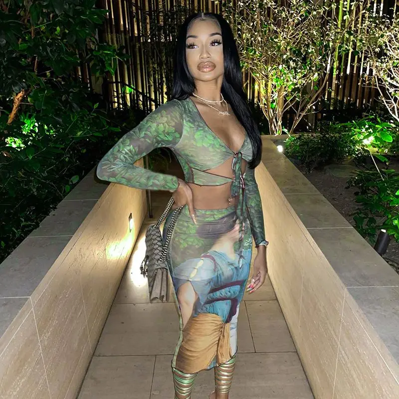 

Комплект из двух предметов, Женский бандажный топ с глубоким V-образным вырезом и длинным рукавом и юбка-карандаш макси, осенняя Клубная оде...