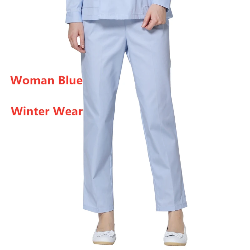Woman Blue Winter Спецодежда медицинская Женская эластичная талия Больничная медсестра брюки хлопок зубные Скраб штаны для спа лето зима доктор уход низ - Цвет: Woman Blue Winter