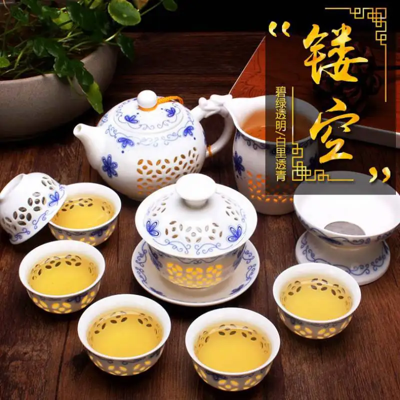 

Ceramic blue and white porcelain hollow honeycomb tea set hollowing out kung fu tea set