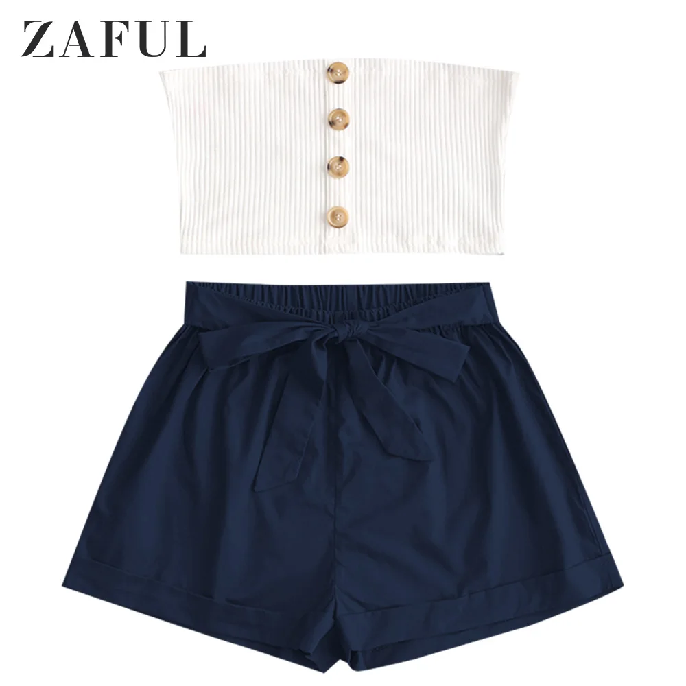 ZAFUL ребристый топ бандо на пуговицах и шорты с завязками женский костюм пляжный