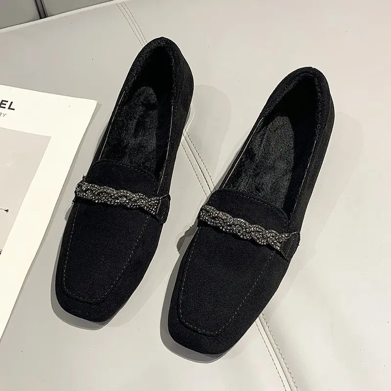 2020 Autumn Winter Women Loafers Low Heels Boat Shoes Square Toe Dress Chain Faux Suede Plush Warm Ladies 8409L | Обувь