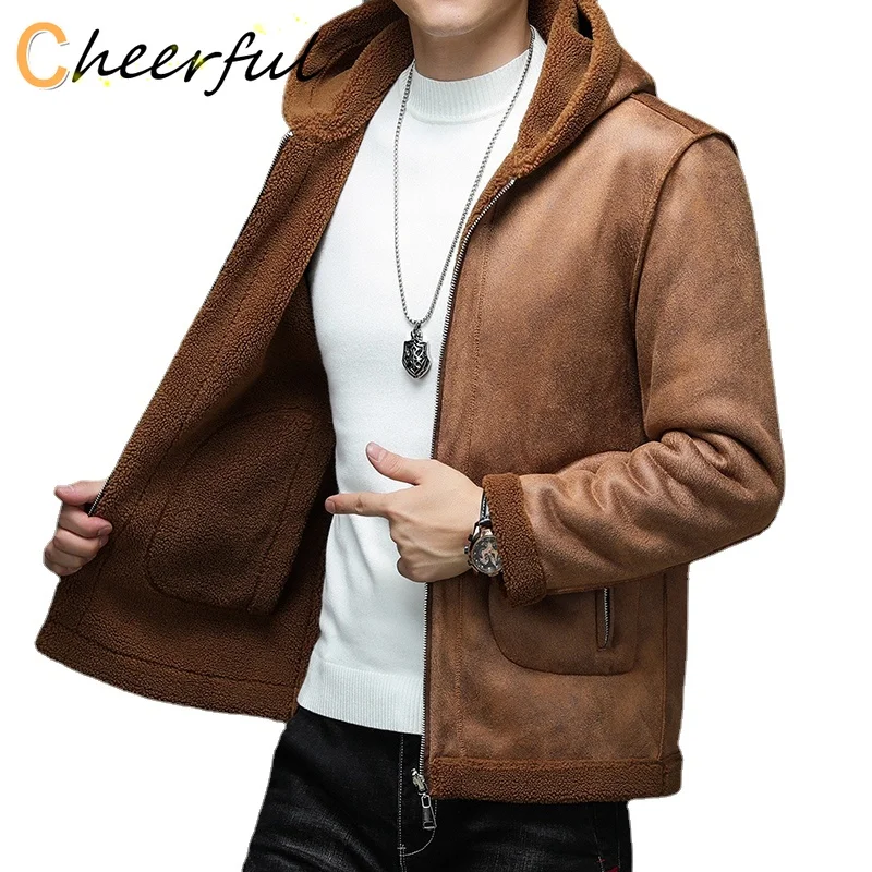 

Suede mens winter jackets that can be worn on both sides / fleece warmth faux leather jacket / hooded casual men's PU coat