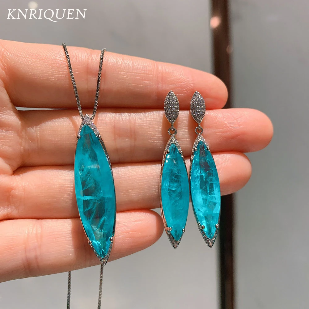 2021 Unique Blue Paraiba Tourmaline Gemstone Pendant Necklace Earring Luxury Jewelry Sets Gifts For Women Vintage Accessories