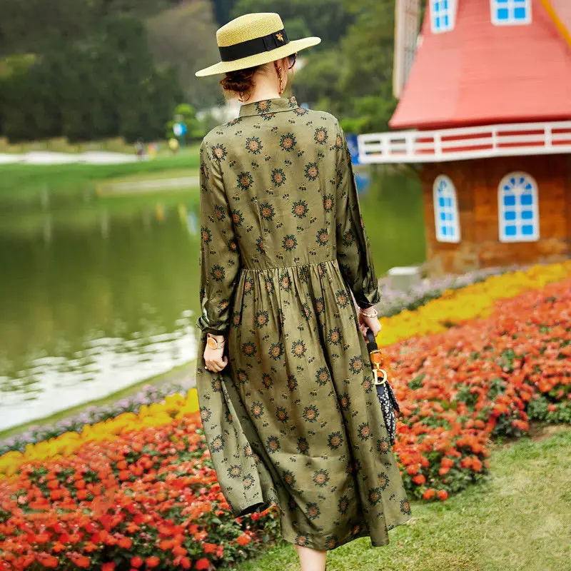 

Print Dress Women's Summer 2021 New Mulberry Silk Shirt Dress Loose Medium Length Long Sleeve A-line Dress