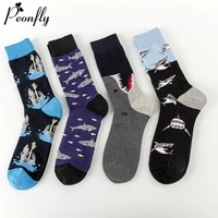peonfly streetwear novelty happy harajuku hip hop shark sea fish pattern art designer men socks cotton calcetines