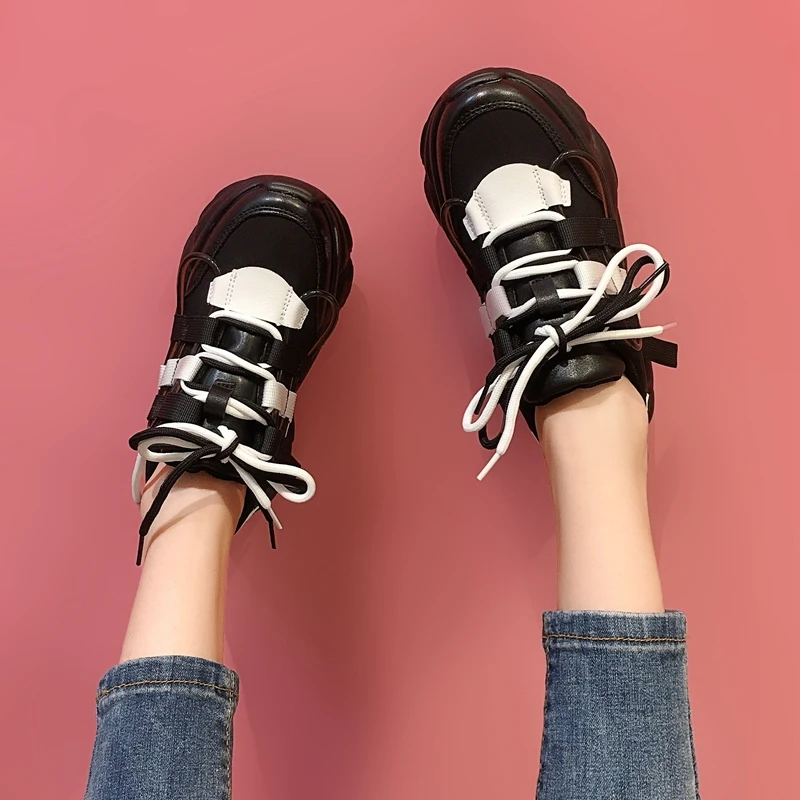 

ELLALEE Vulcanize Shoes Women Spring Lace-Up Chunky Plarform PU Leather Mesh Thick Outsole Female Fashion Sneakers