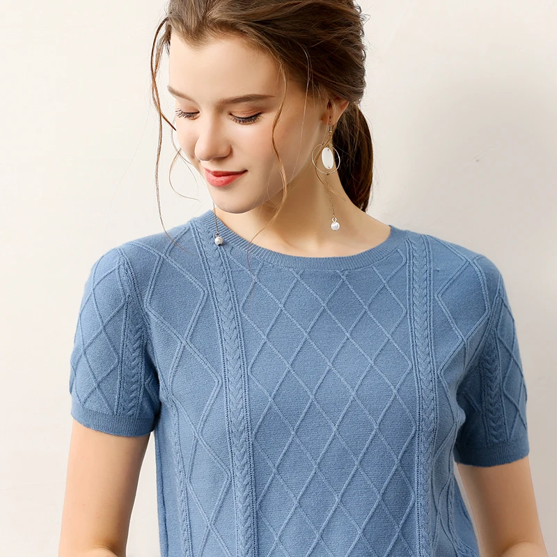 Женский пуловер с коротким рукавом и круглым вырезом трикотажный свитер из