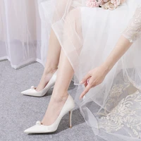 2022 summer sweet beige pearl fine 7cm ladies high heels bridal wedding shoes banquet dress female sandals