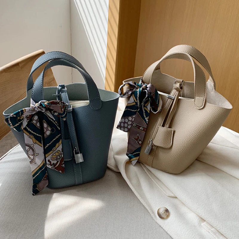 

New PU leather shoulder handbag basket bag fashionable versatile bucket bag silk scarf large capacity women bag