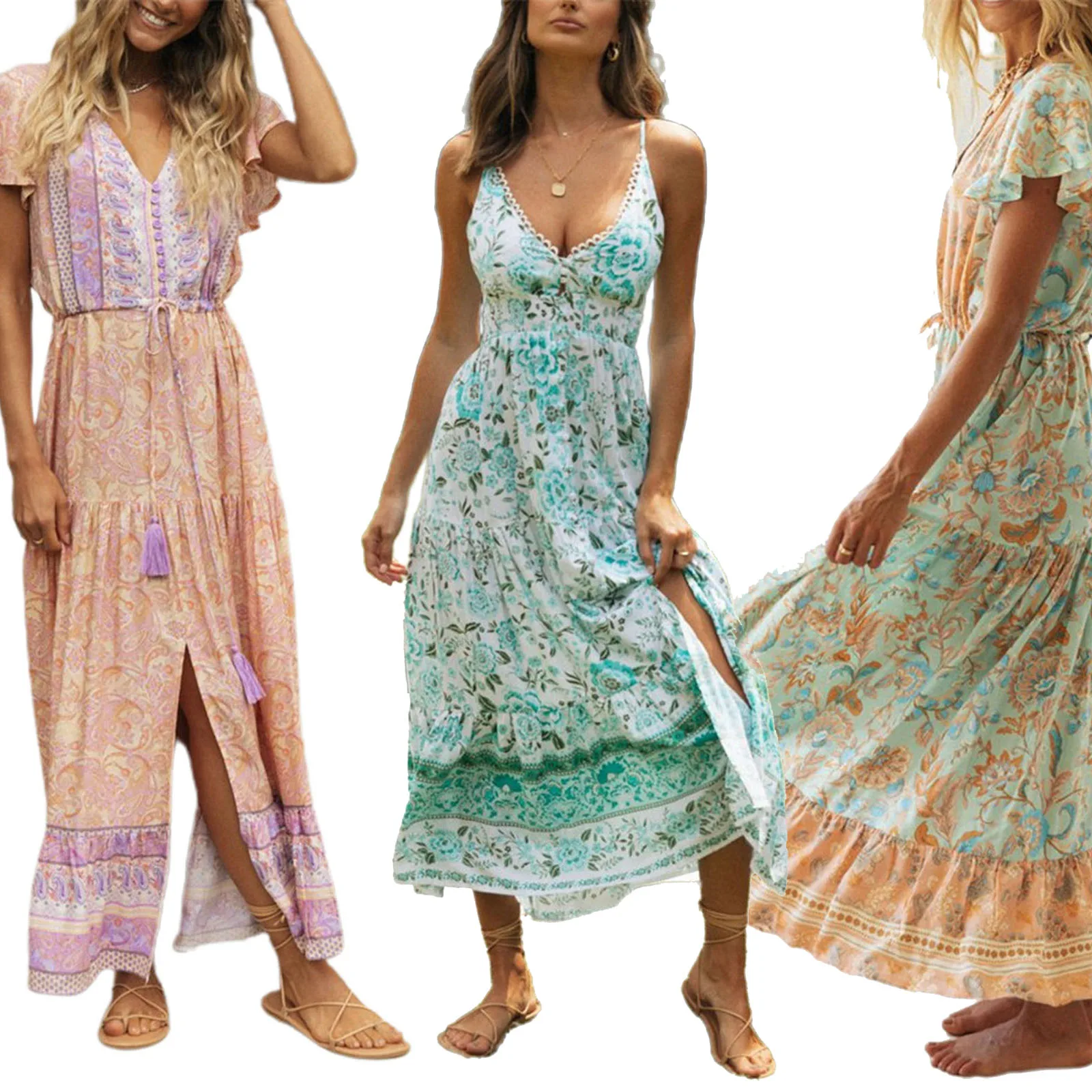 

Женское пикантное пляжное платье с коротким рукавом/без рукавов, повседневное Свободное длинное платье в богемном стиле с принтом и V-образ...