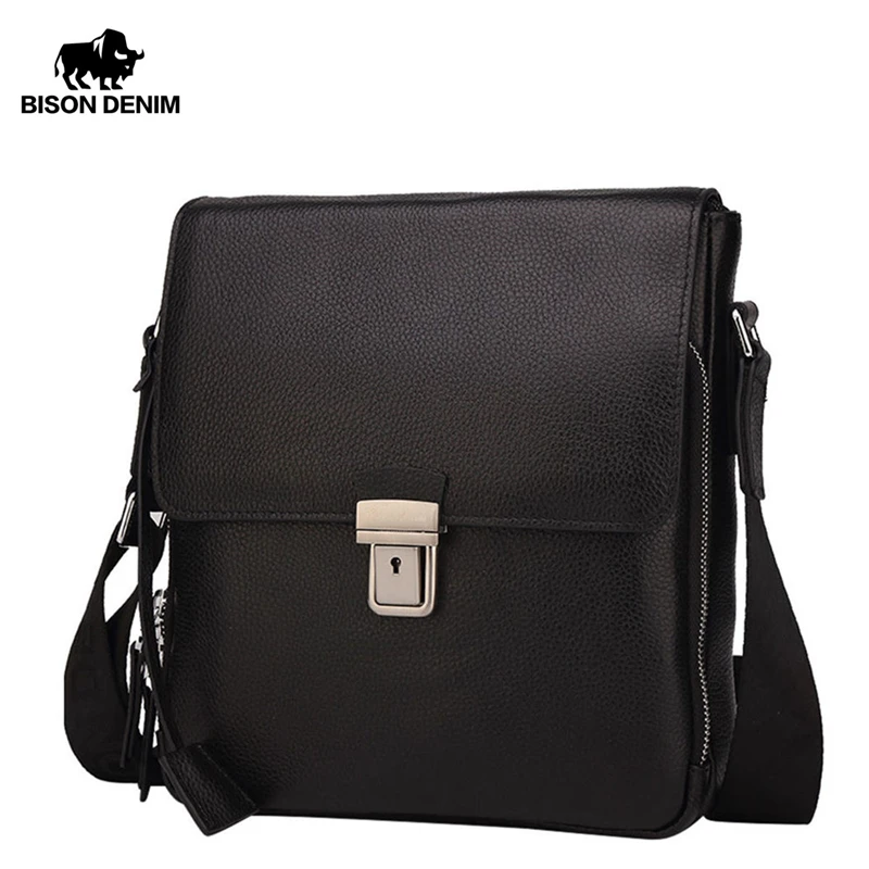 Мужская сумка из натуральной кожи BISON DENIM черная деловая через плечо для ipad N2531