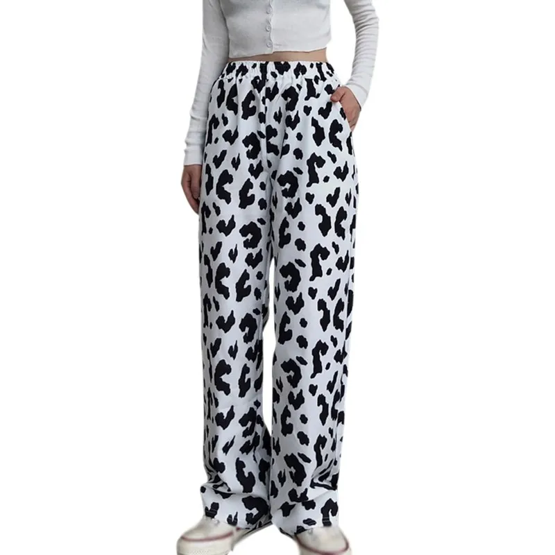 

Cow Pattern Pants Women's High Waist Drape Wide Leg Loose Casual Trousers Student Picture Color M-XL Polyester Cool