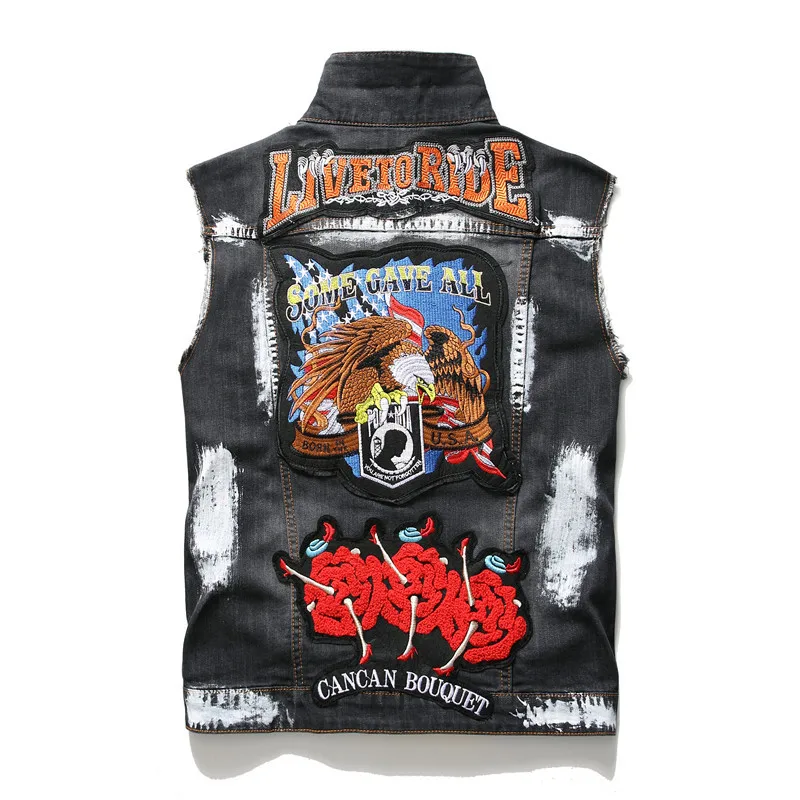 

2020 New Men's Punk Denim Vests Sleeveless Vintage Jeans Vest Jackets Black Skull Embroidery Waistcoat Ripped Cowboy Streetwear