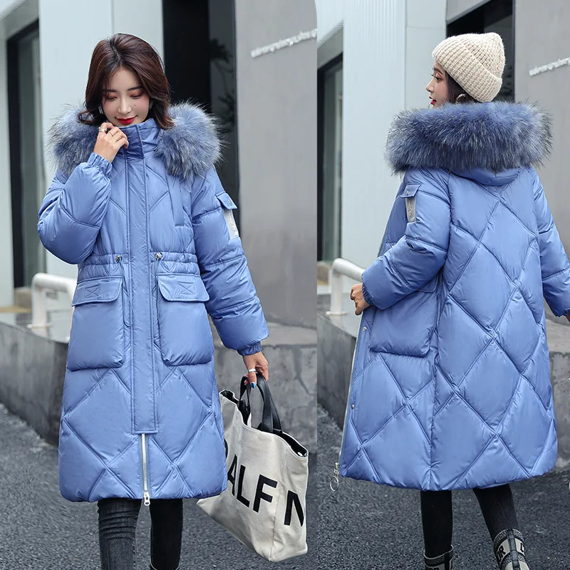 INS New Women Winter Long Down Coat Fur Collar White Duck Down Big Fur Collar Parka New Female Fashion Thick Warm Jacket Outwear