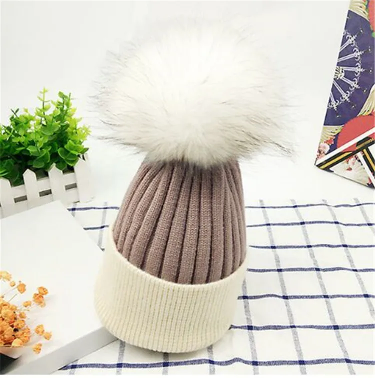 Женские вязаные шапочки со съемным меховым помпоном 15 см Skullies, зимние меховые шапки для девочек, женские шапочки из натурального меха - Цвет: khaki