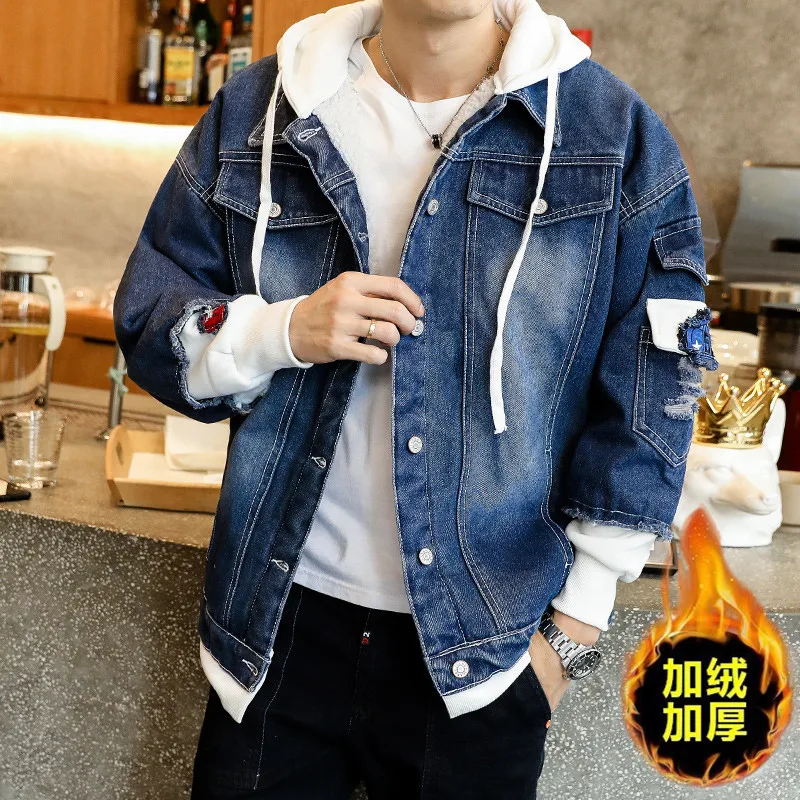 Новая мужская куртка и пальто модная теплая флисовая джинсовая зимняя верхняя
