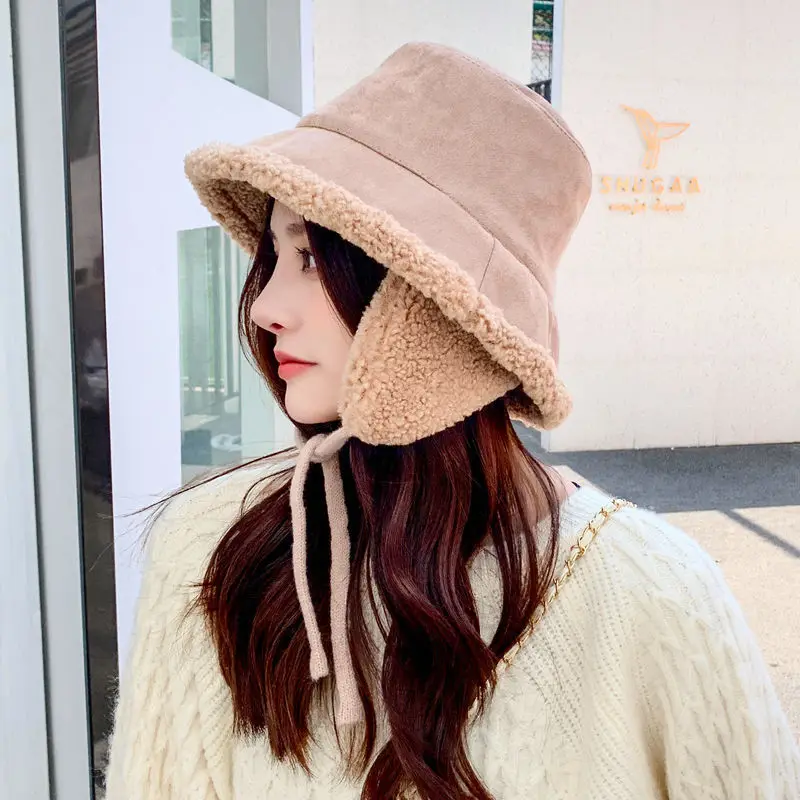 Women's Warm Winter Plush Cycling Ear Protection Bucket Hat Korean Lovely Basin Hat Student Russian Hats Fleece Fisherman's Hat
