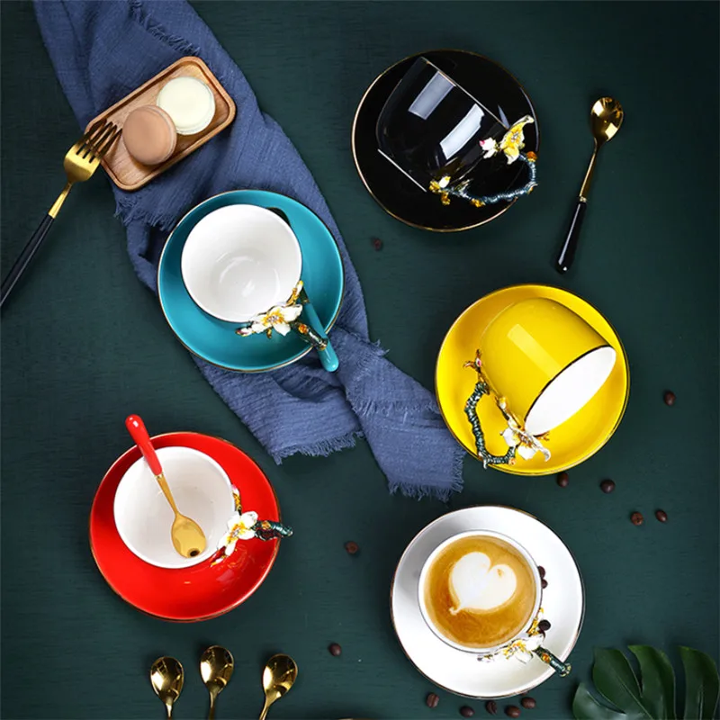 European Style Ceramic Handmade Enamel Painted 3D Flower Coffee Cup with Saucer Set Office Afternoon Teacup Porcelain Milk Mug | Дом и сад