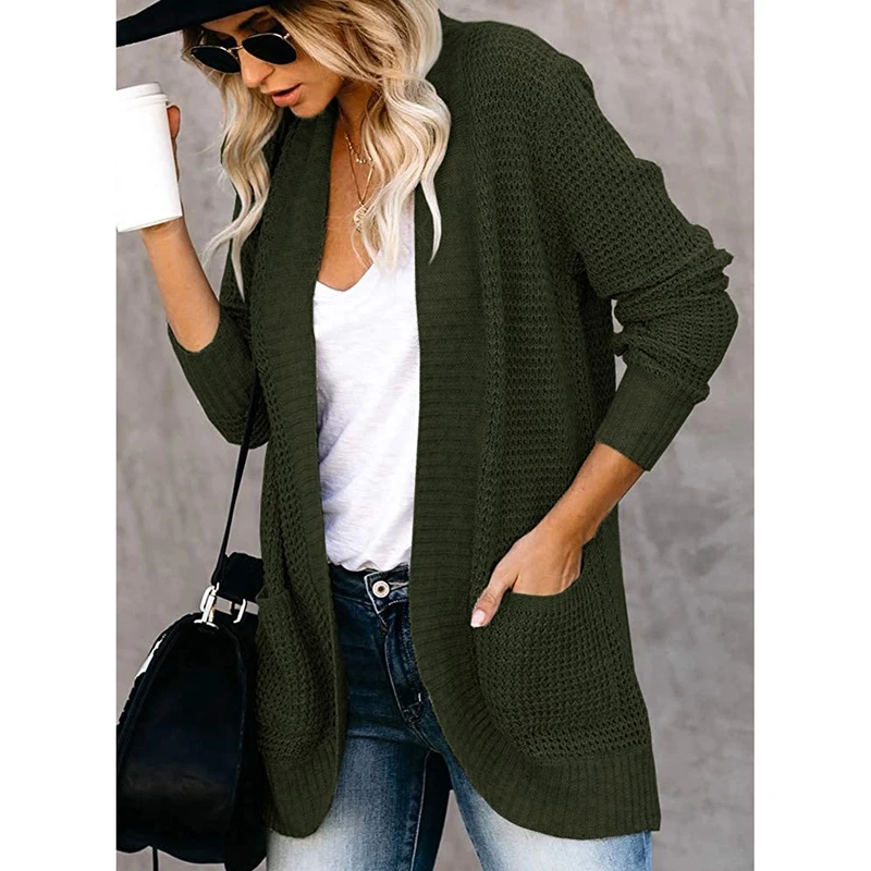 

Women Curved Placket Pocket Sweater Long Sleeve Solid Cardigan Autumn Knitwear Cardigans