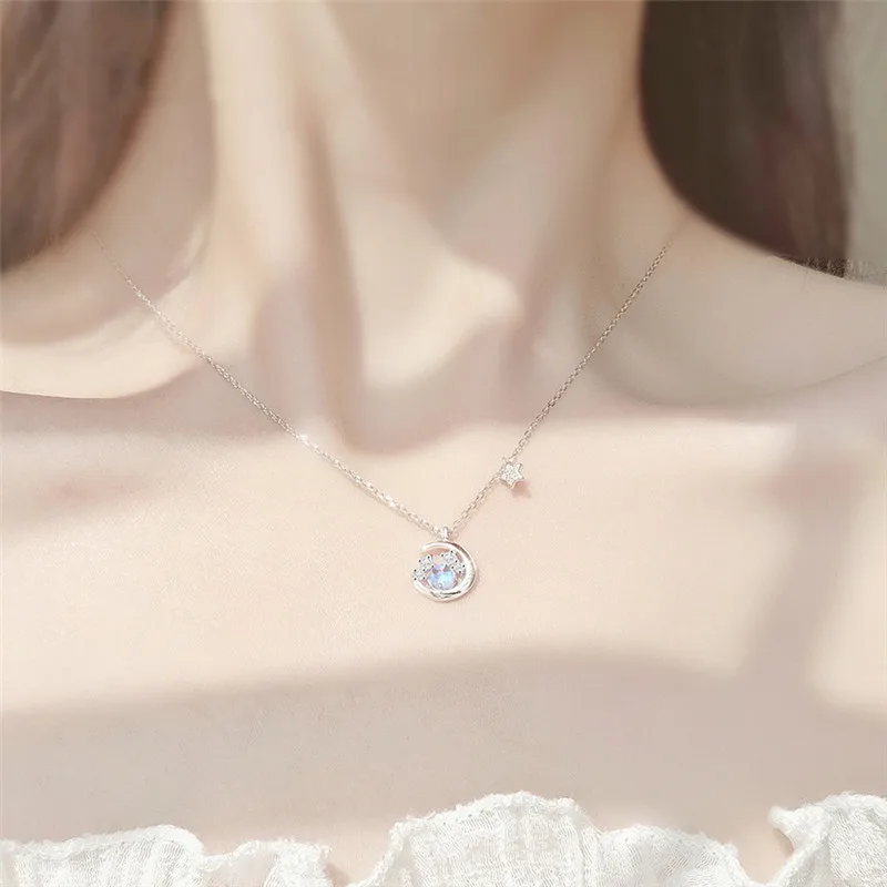 925 Sterling Silver Star Moon Pendent Necklace For Women Girls Party 2021 Jewelry Choker Collar dz147 | Украшения и аксессуары