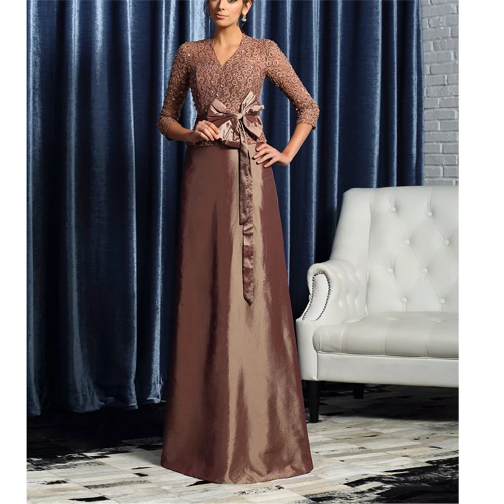 

Stunning Brown Taffeta And Lace Mother Dresses 3/4 Sleeves Appliques With Bows Mother Of The Bride Dresses For Weddings